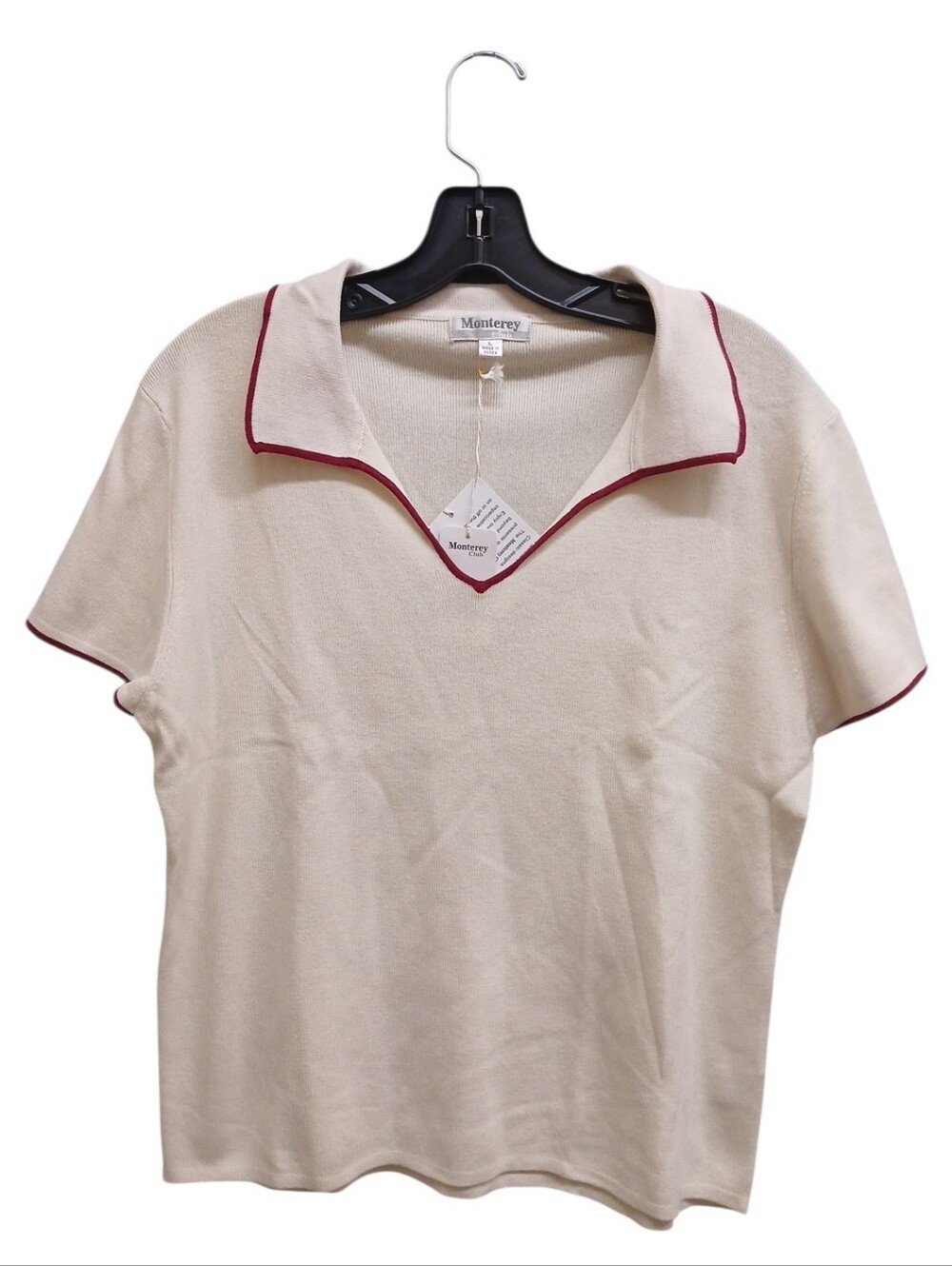 Monterey NWT Cream Short Sleeve Sweater Knit Polo Top with Maroon Trim Large